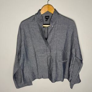 Eileen Fisher Charcoal Linen Blend Band Collar Button Up Blouse | S